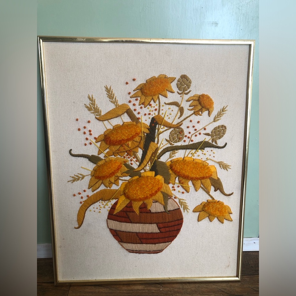 Vintage Crewel Autumn Boquet Fall Floral Basket Wheat In Gold Frame 20x16”